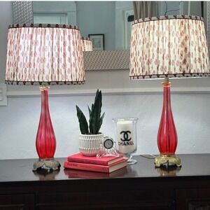 Vintage 70s Ruby Red Glass Table Lamps Pair Hollywood Regency Set 2 Glam Decor